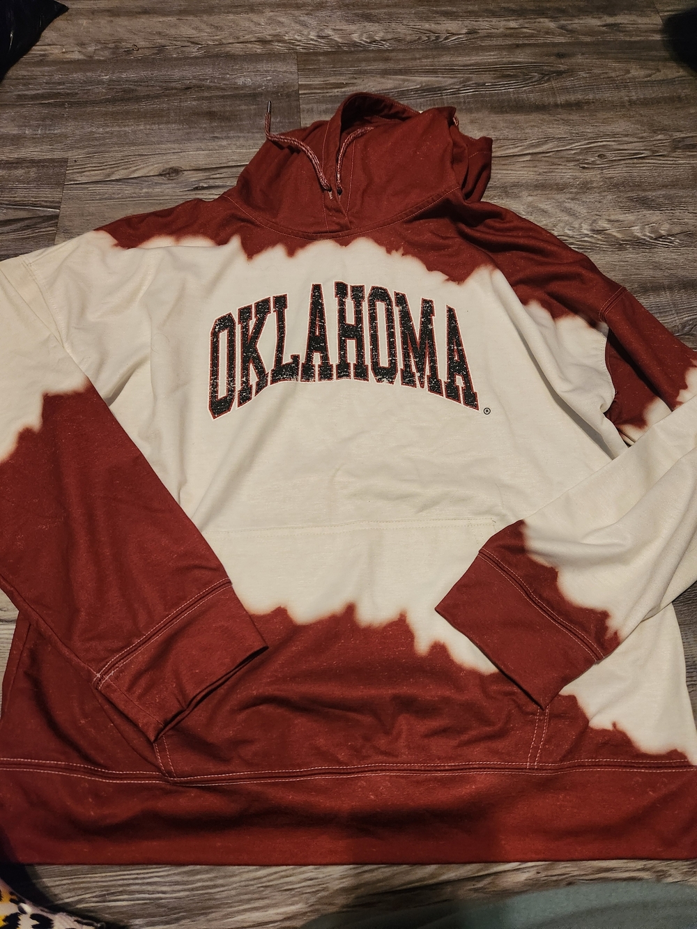 Oklahoma Tie-Dye Pullover Hoodie - Red and Cream. Polyester Material